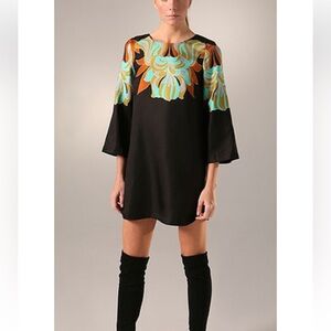 Tibi Black and Green Mini Dress with Bateau Neckline